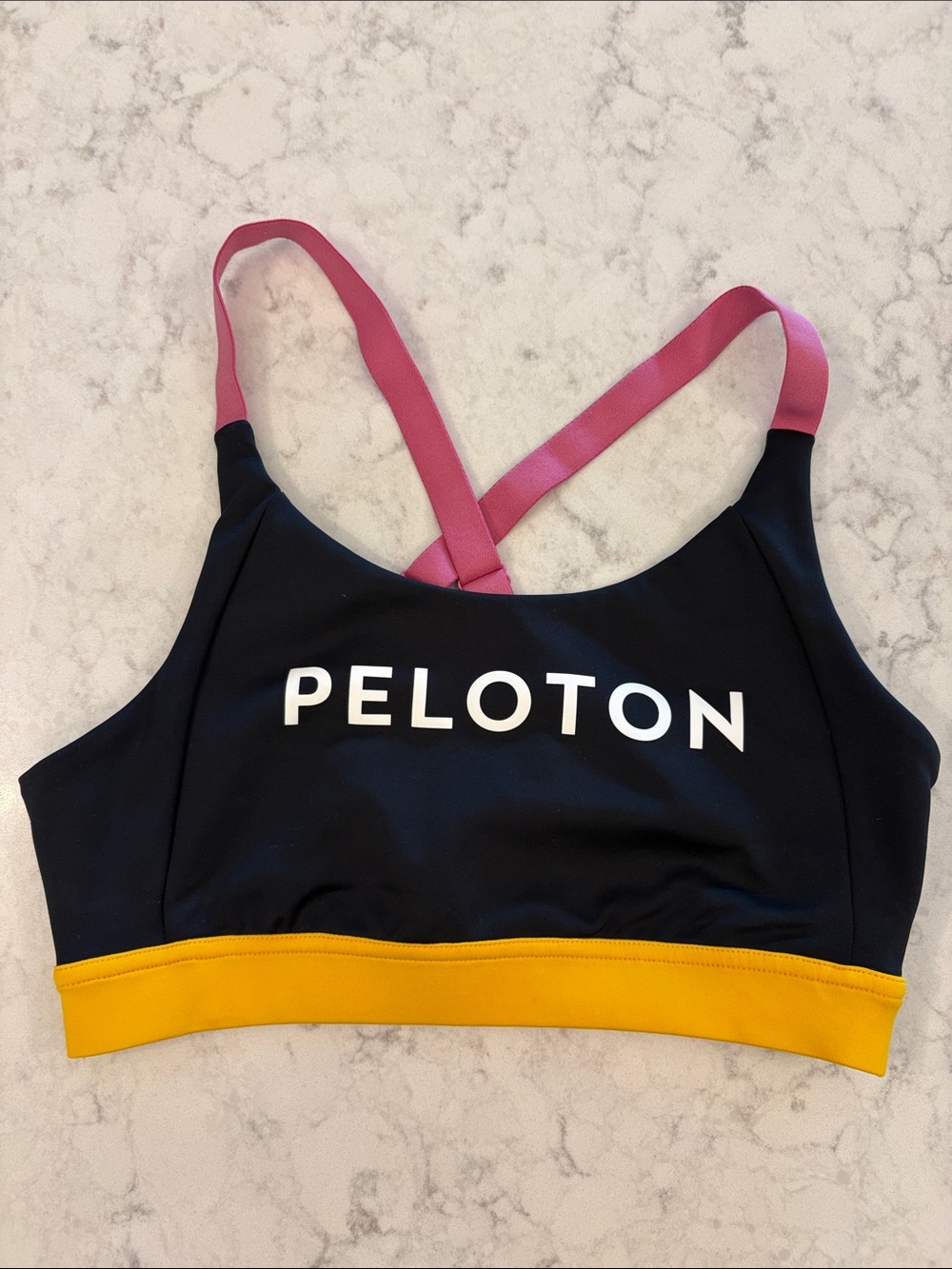 Peloton Black Sports Bra with Pink Straps and Yellow Band